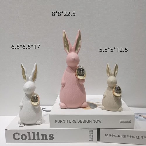 Matte white Ceramic Rabbit with Golden Egg and Golden Carrot